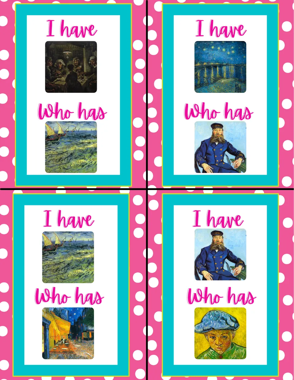 Game cards 9–12 feature Potato Eaters, Fishing Boats at Sea, Starry Night Over the Rhone, and Joseph Roulin