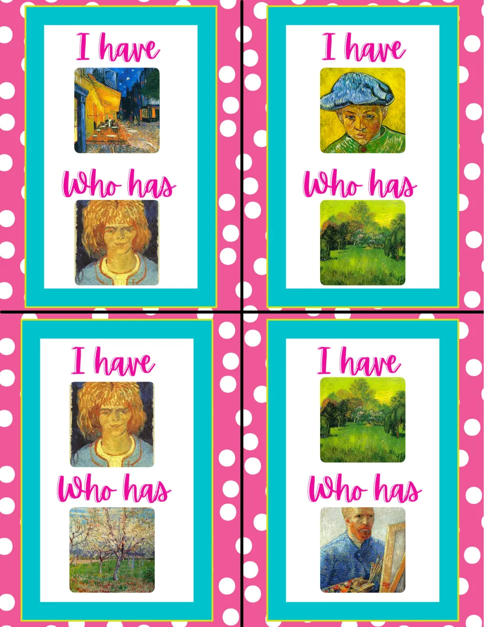 Game cards 13–16 feature Café Terrace at Night, Girl with Ruffled Hair, Camille Roulin, and The Poet’s Garden