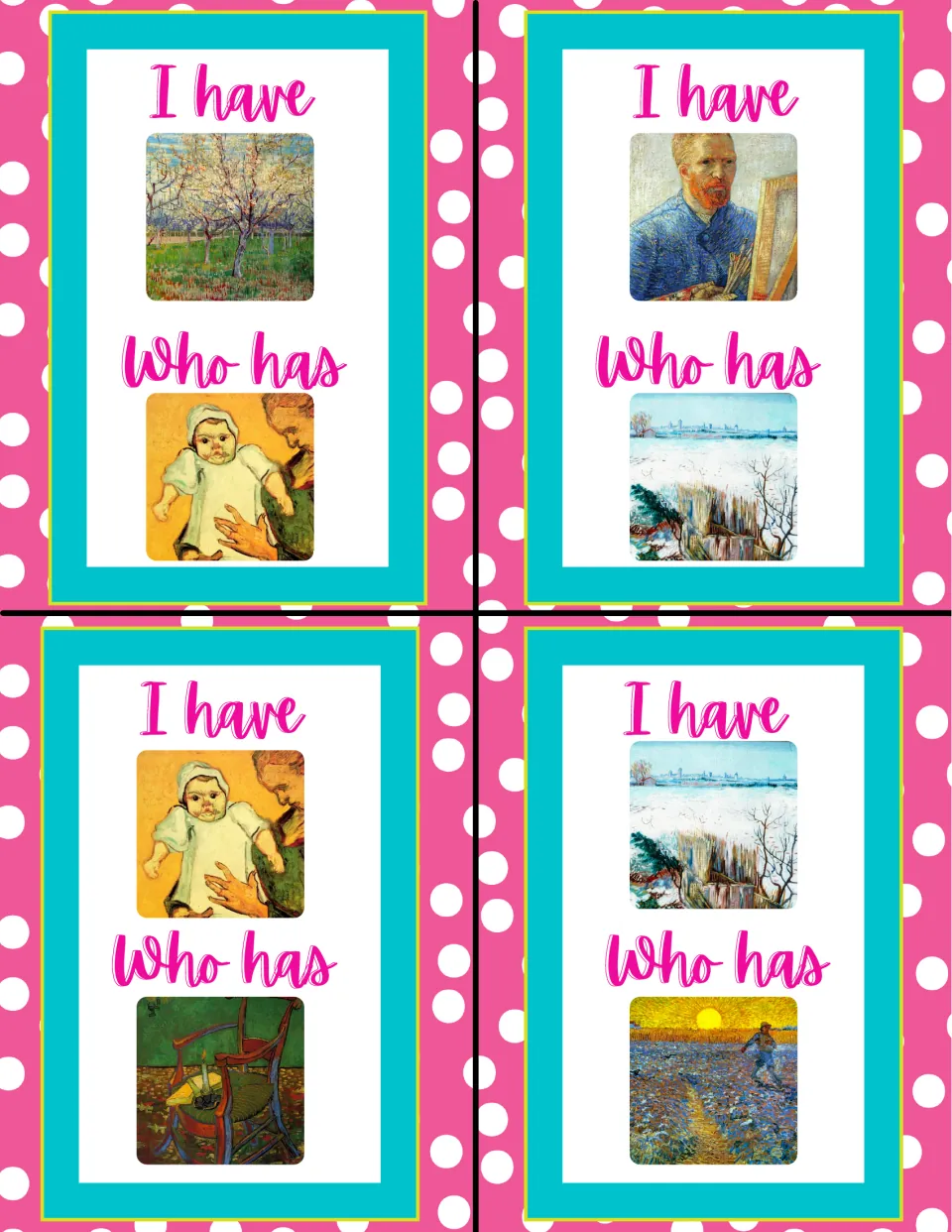 Game cards 17–20 feature blossoming apricot trees, Mother Roulin and Her Baby, a self-portrait, and snow