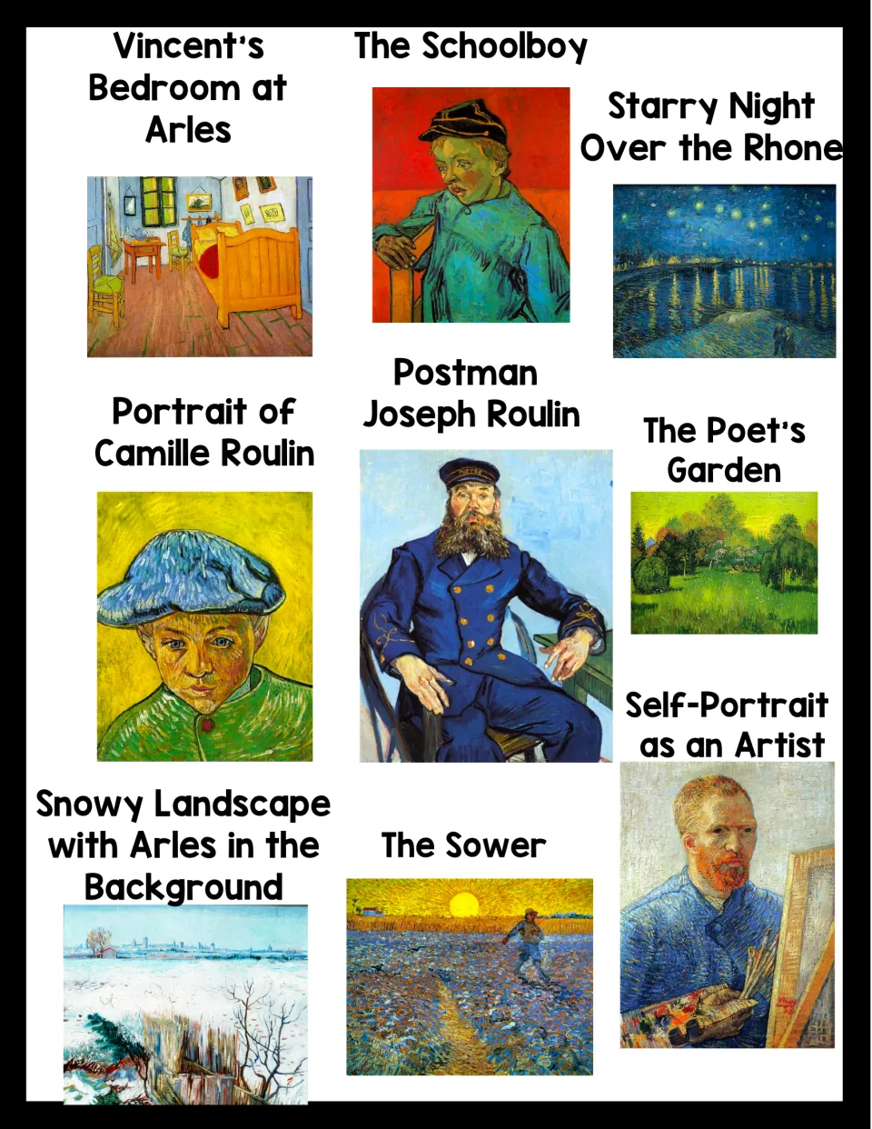 Artwork reference sheet labels The Schoolboy, Postman Joseph Roulin, The Sower, and six more paintings