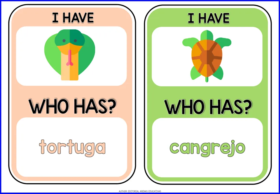 Spanish animal cards: a snake card asks who has tortuga, and a turtle card asks who has cangrejo, for reading aloud