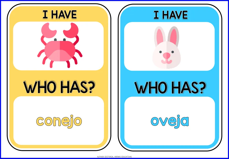 Spanish animal cards: a crab card asks who has conejo, and a rabbit card asks who has oveja, linking word to picture