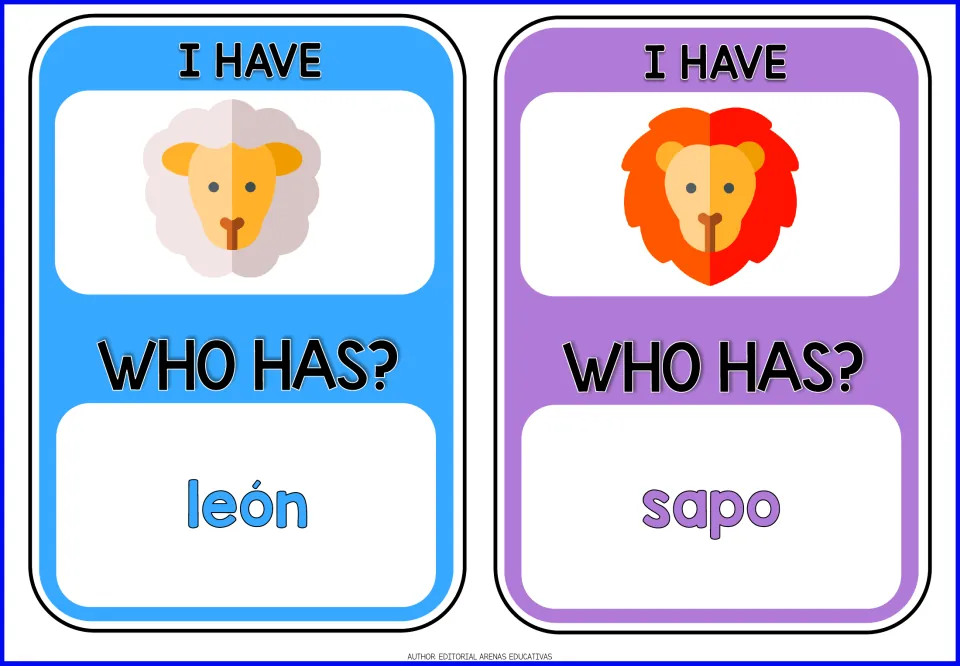 Spanish animal cards: a sheep card asks who has león, and a lion card asks who has sapo; students match word to animal