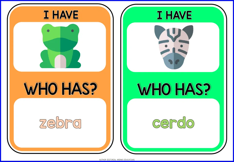 Spanish animal cards: a frog card asks who has zebra, and a zebra card asks who has cerdo, practising animal names