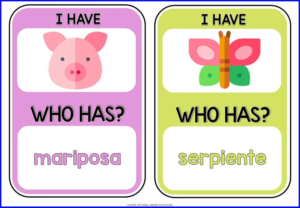 Spanish animal cards: a pig card asks who has mariposa, and a butterfly card asks who has serpiente to close the loop