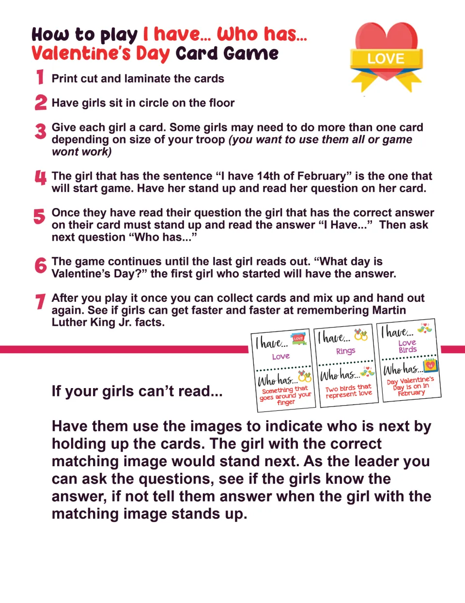 Game instructions explain dealing all cards, starting with February 14, and using pictures for nonreaders