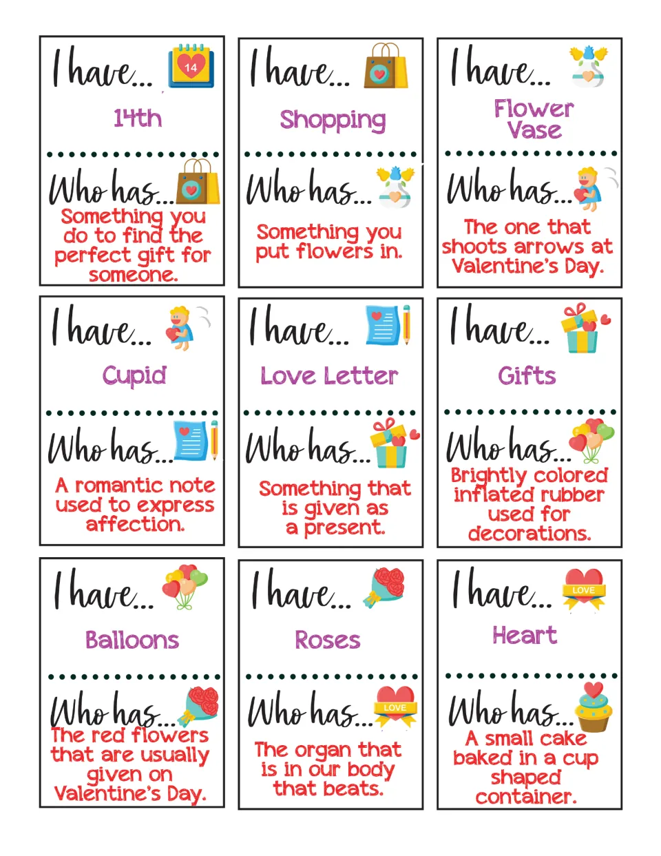 Picture-clue cards 1–9: 14th, Shopping, Flower Vase, Cupid, Love Letter, Gifts, Balloons, Roses, and Heart