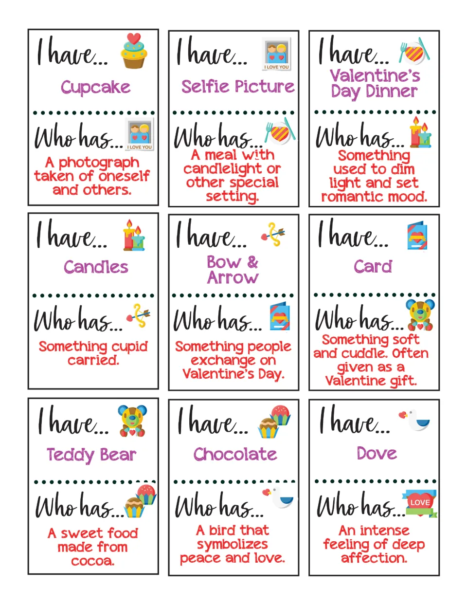 Picture-clue cards 10–18 include Cupcake, Selfie Picture, Valentine’s Day Dinner, Candles, and five more