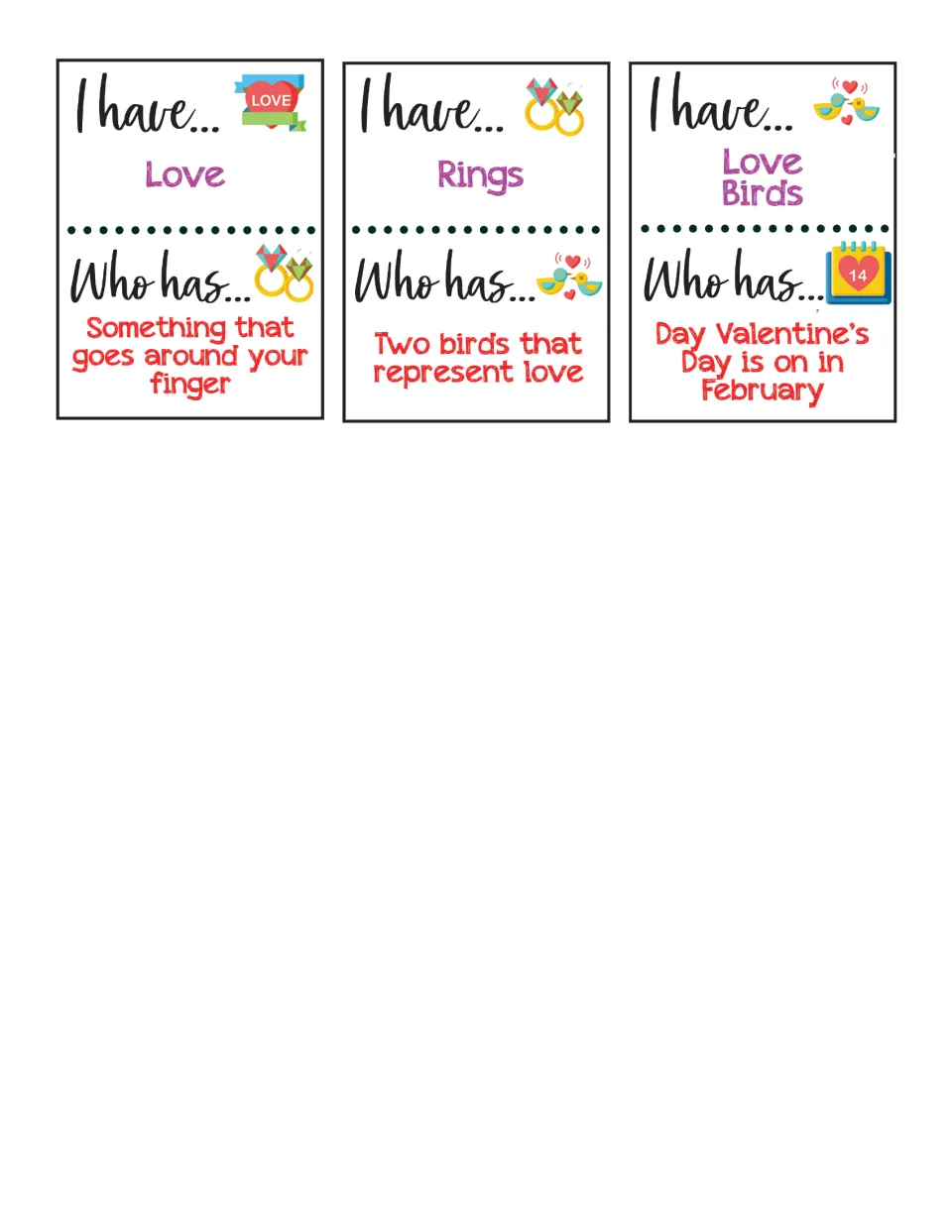 Picture-clue cards 19–21: Love, Rings, and Love Birds, ending with a question about Valentine’s Day’s date