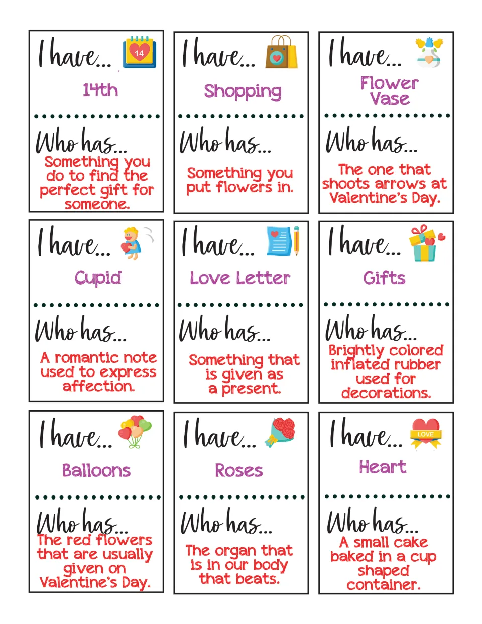 Cards 1–9 without question pictures include 14th, Shopping, Flower Vase, Cupid, Love Letter, and four more