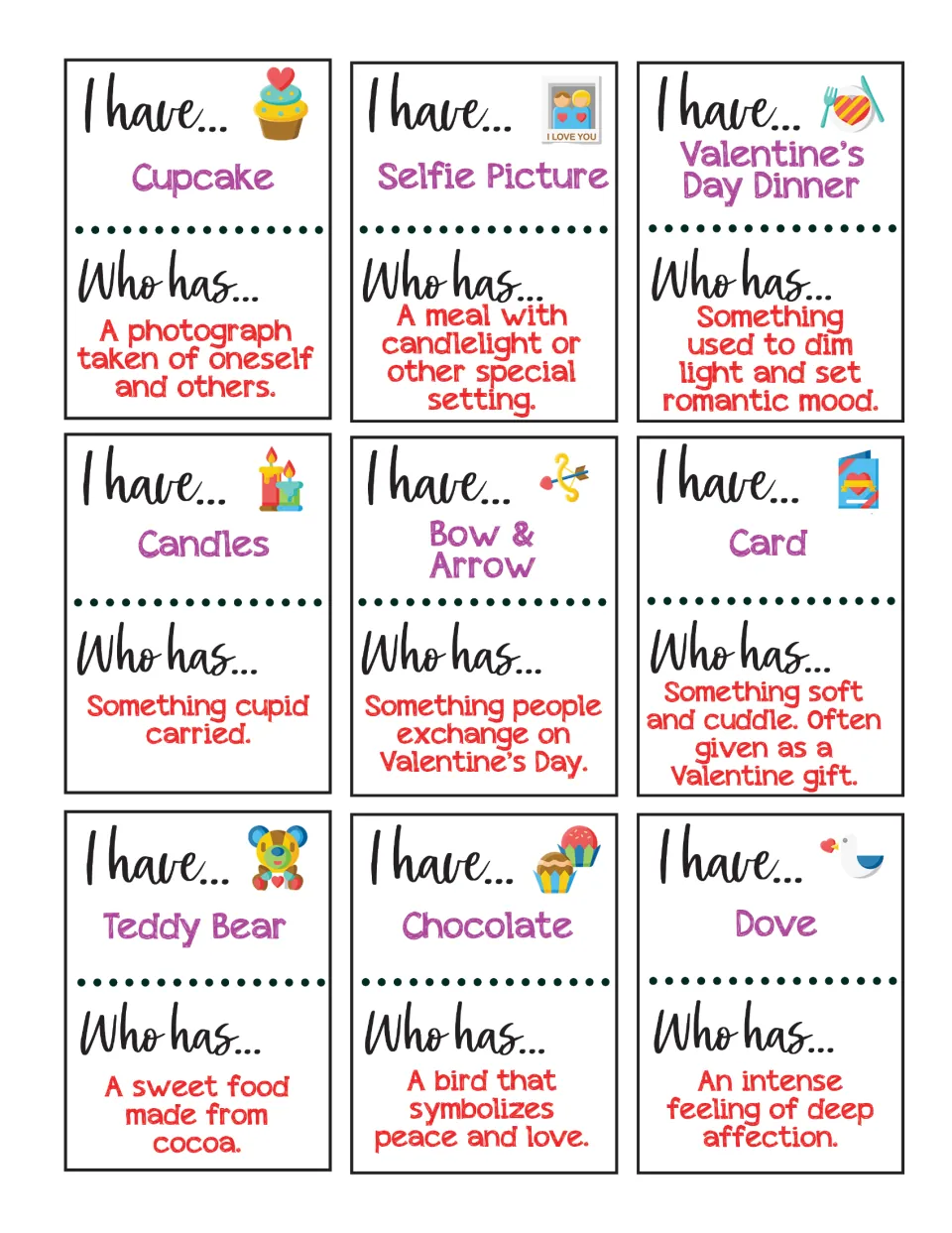Cards 10–18 without question pictures include Cupcake, Selfie Picture, Candles, Bow & Arrow, and five more