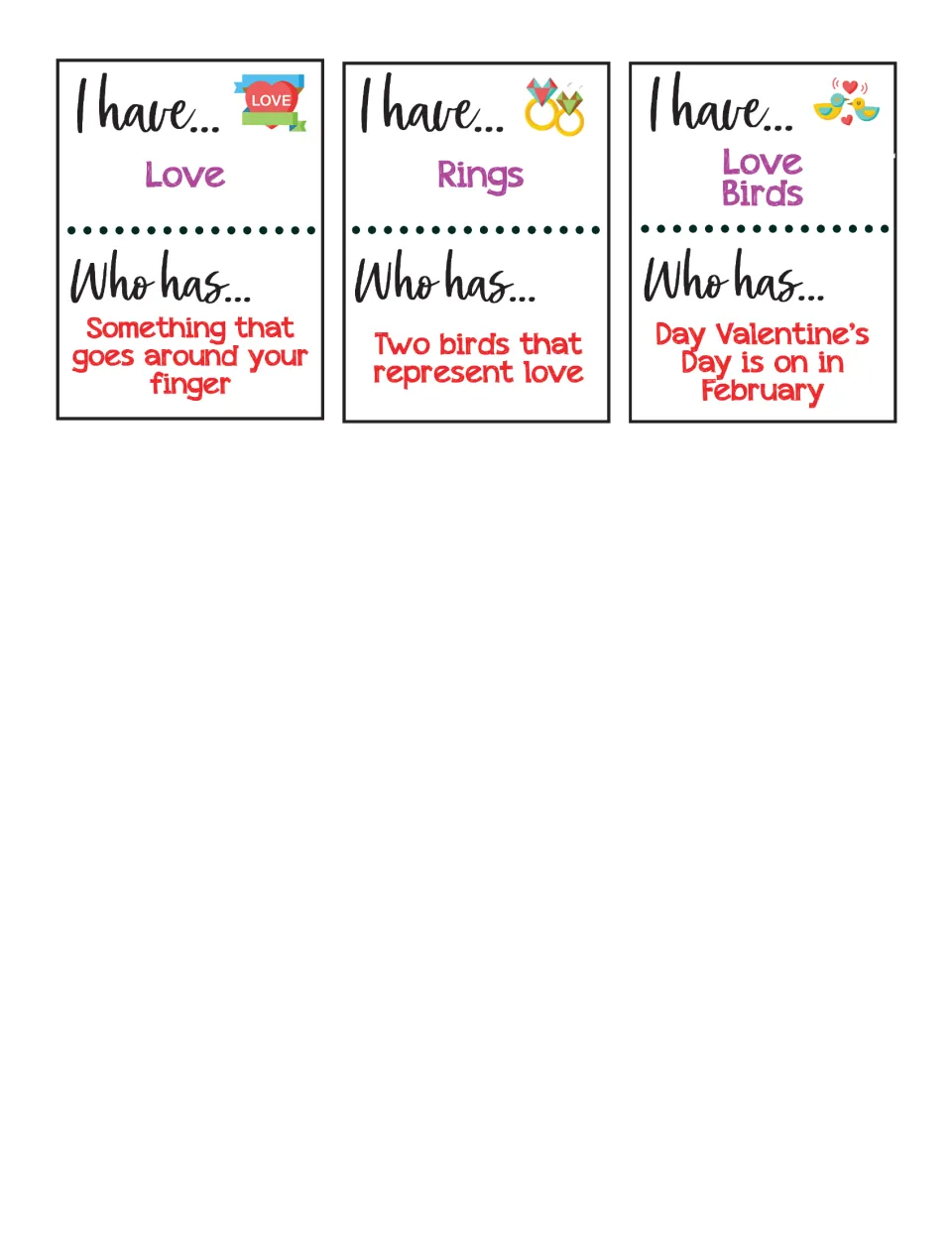 Cards 19–21 without question pictures: Love, Rings, and Love Birds, with the final clue asking for the date