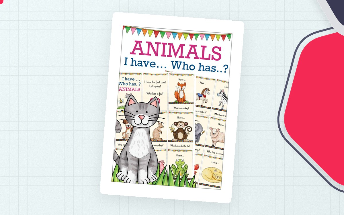 Animals I Have Who Has cover with cat card and sample animal cards.