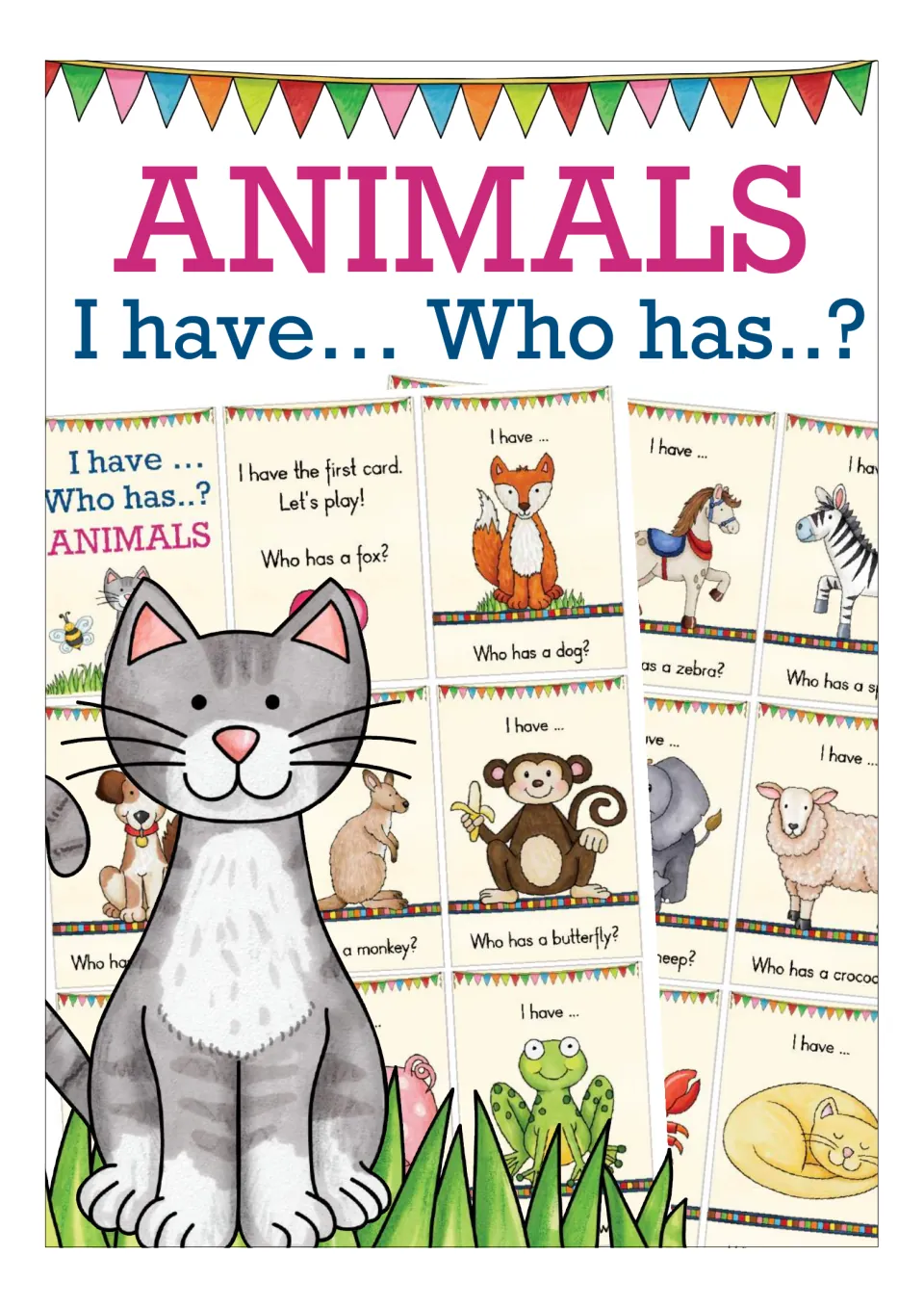 Animals I have... Who has...? cover showing sample game cards with a fox, dog, monkey, zebra, frog and a gray cat