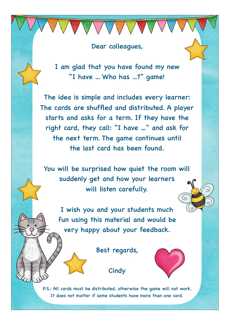 Teacher letter explaining the animal chain game: shuffle and hand out all cards, then call "I have" and ask for the next
