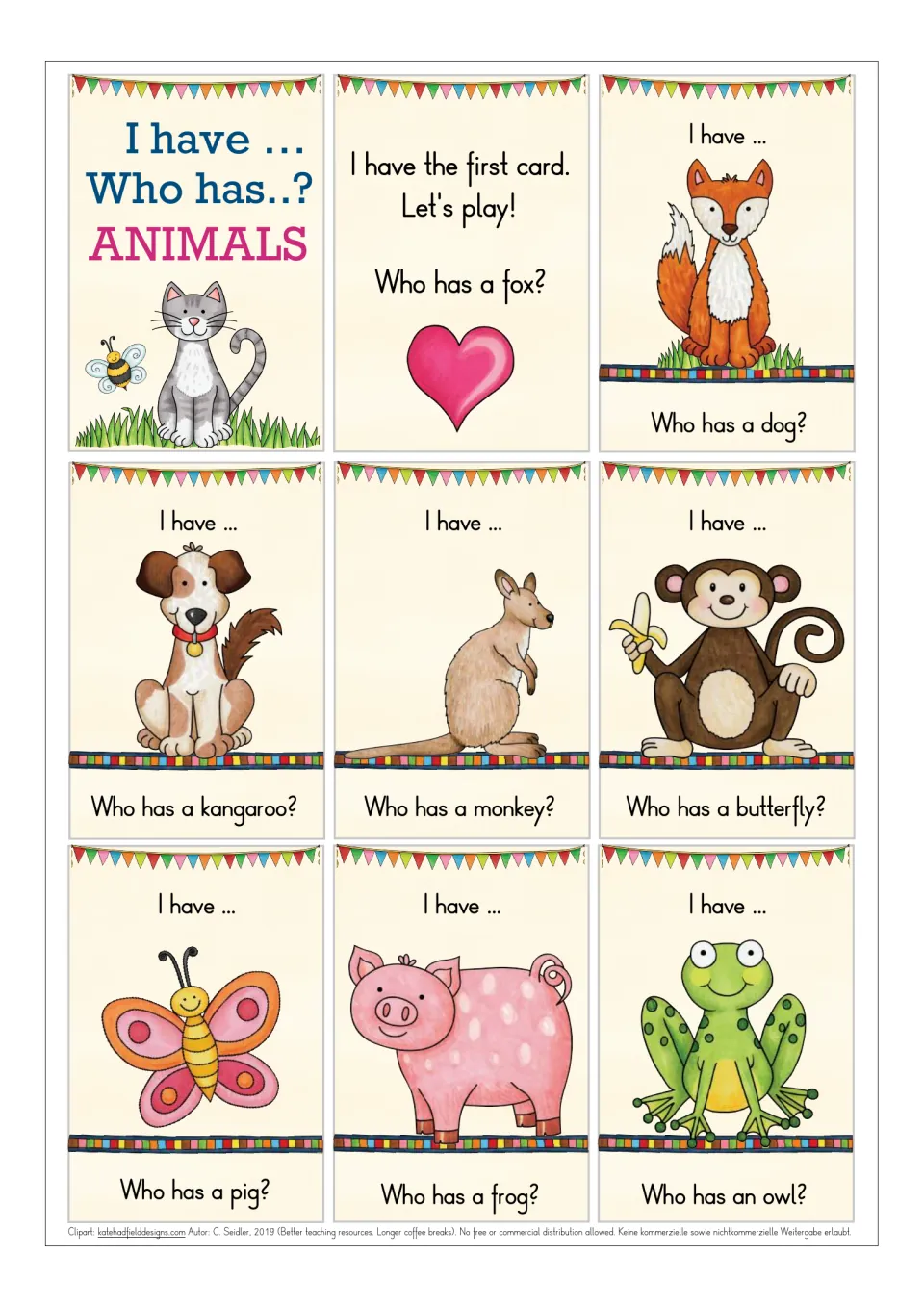 Animal chain cards: title card, the start card asking for a fox, then fox, dog, kangaroo, monkey, butterfly and pig cards