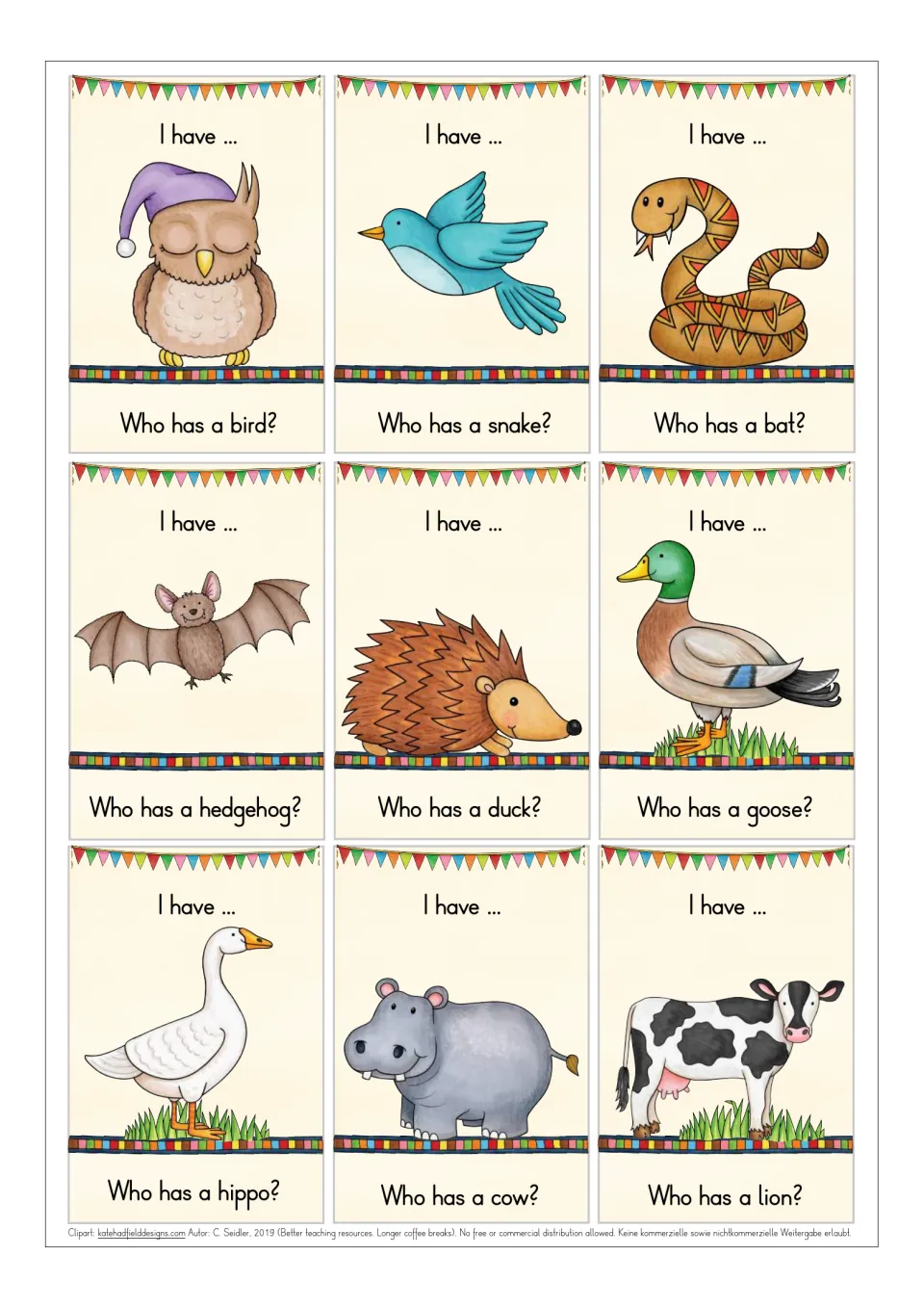 Animal chain cards for owl, bird, snake, bat, hedgehog, duck, goose, hippo and cow, each asking who has the next animal