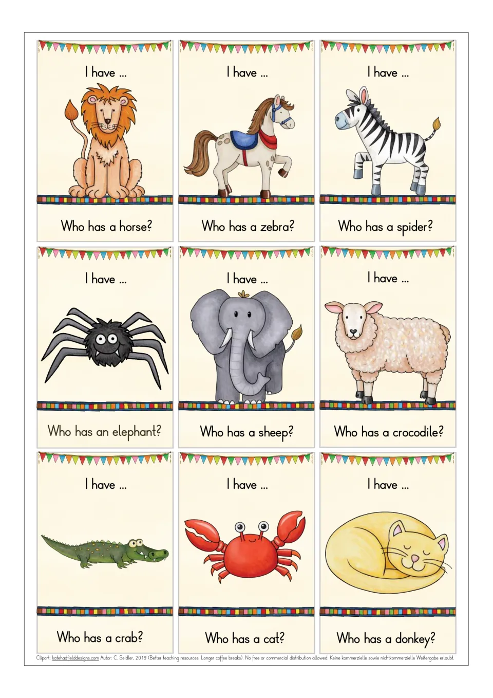 Animal chain cards for lion, horse, zebra, spider, elephant, sheep, crocodile, crab and cat; players read the next question