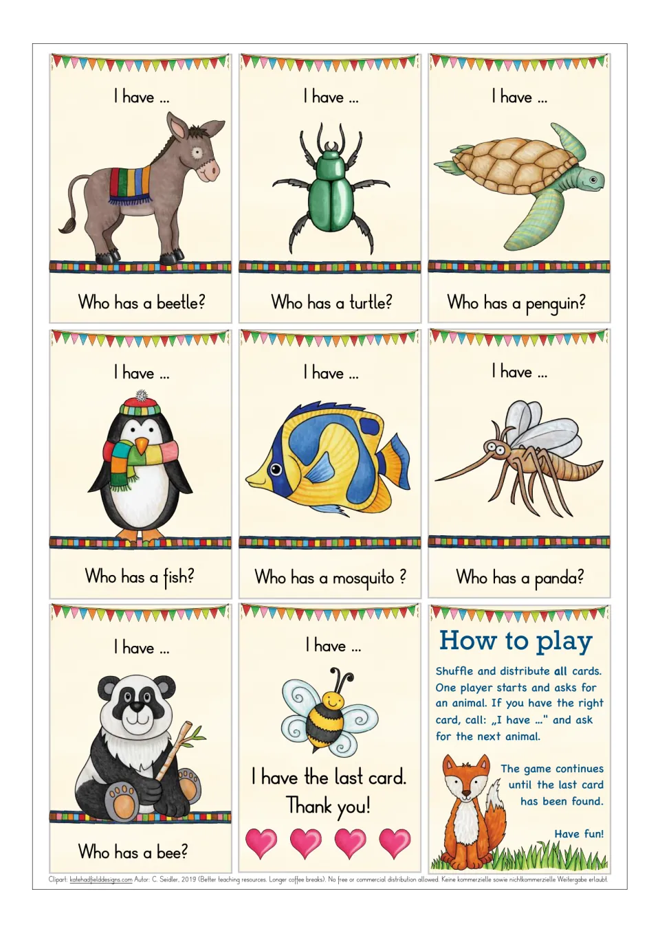 Final animal cards from donkey to bee, the last card saying "Thank you!" and a How to play card with the game rules