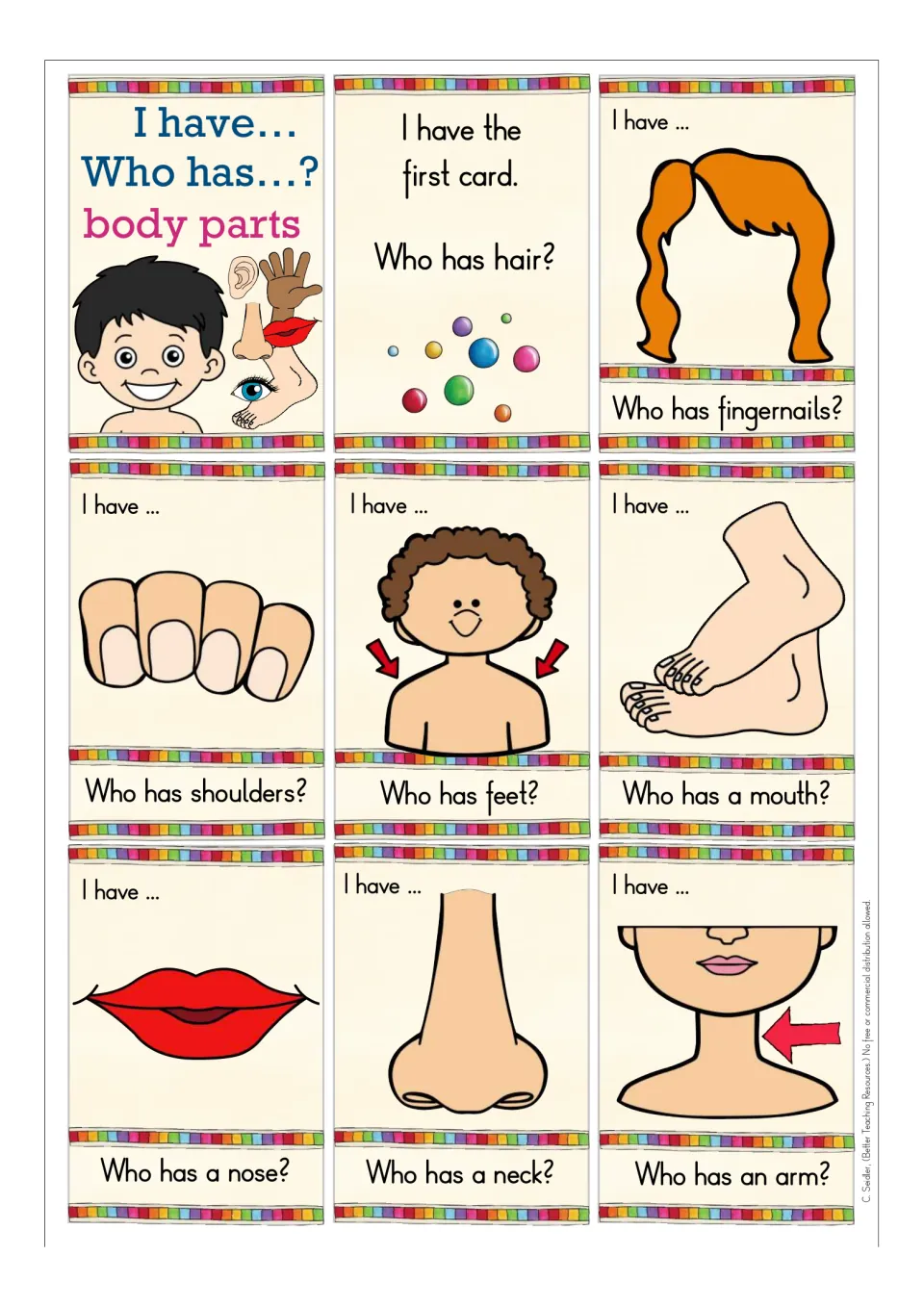 Body parts game cards: start card asks who has hair; cards show hair, fingernails, shoulders, feet, lips, nose, neck