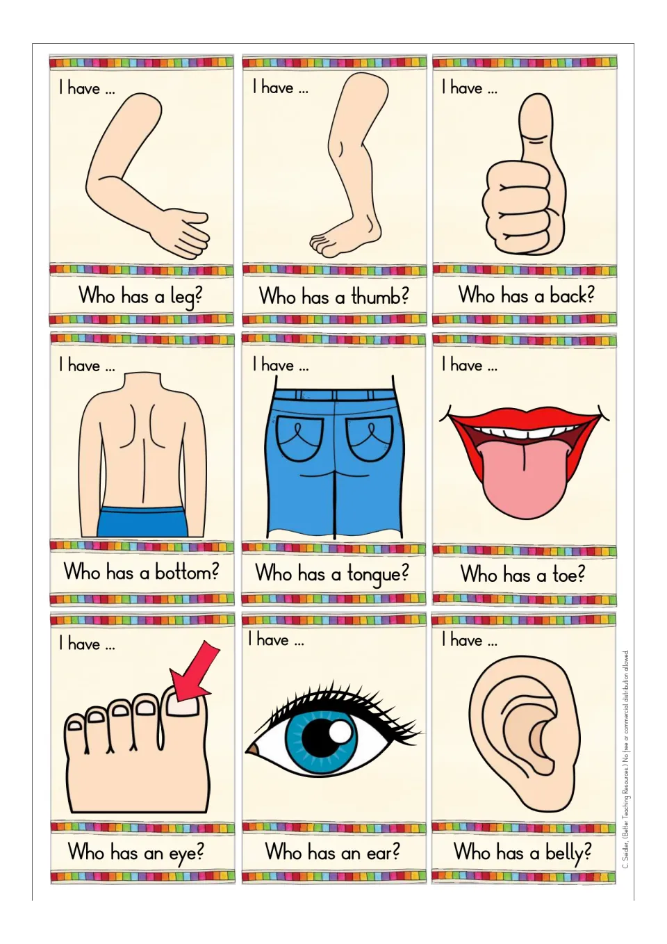 More body part cards: pictures of an arm, leg, thumb, back, bottom, tongue, toe, eye and ear, each asking for the next part
