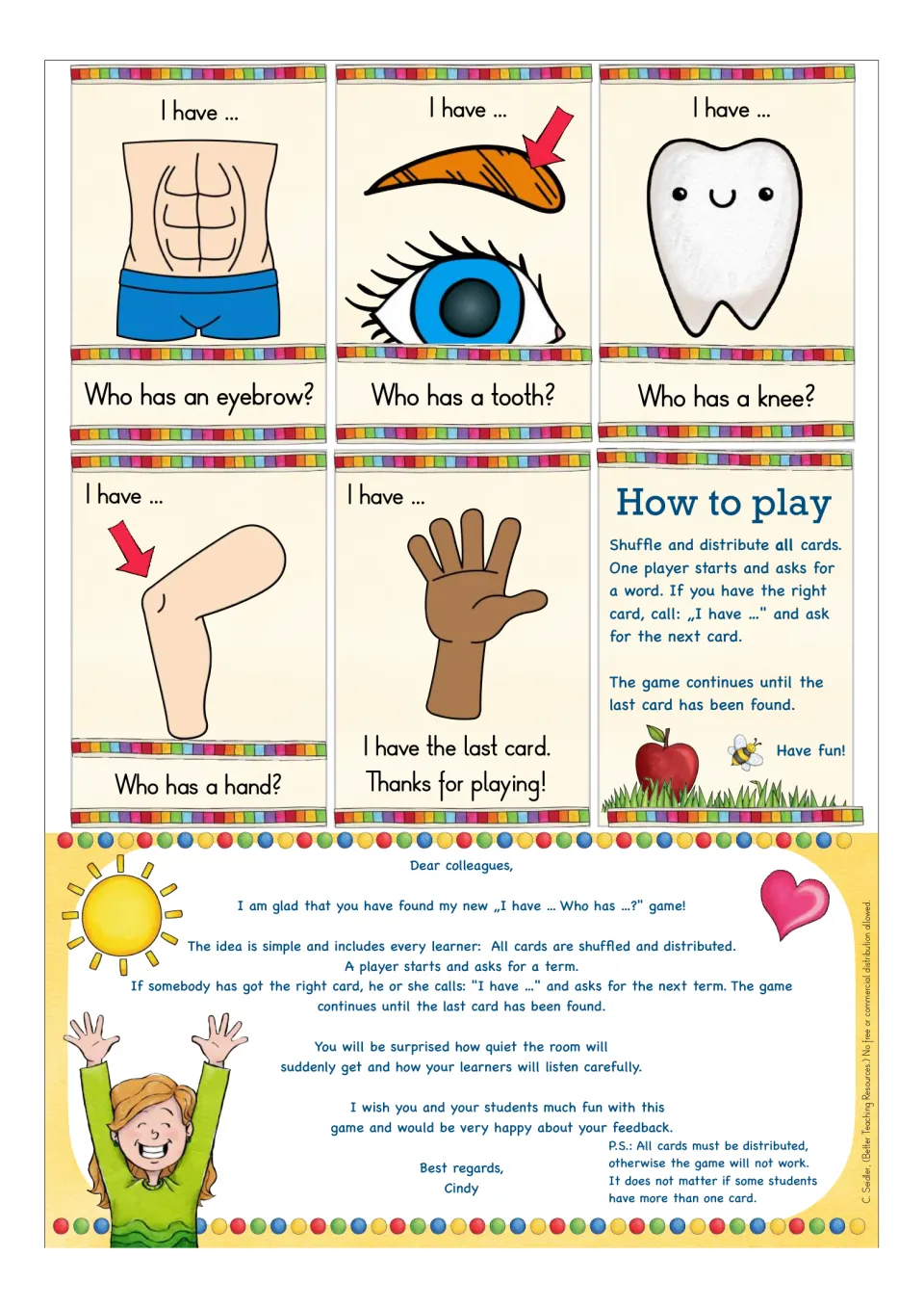 Last body part cards (belly, eyebrow, tooth, knee, hand, end card) plus how-to-play rules and a note to teachers