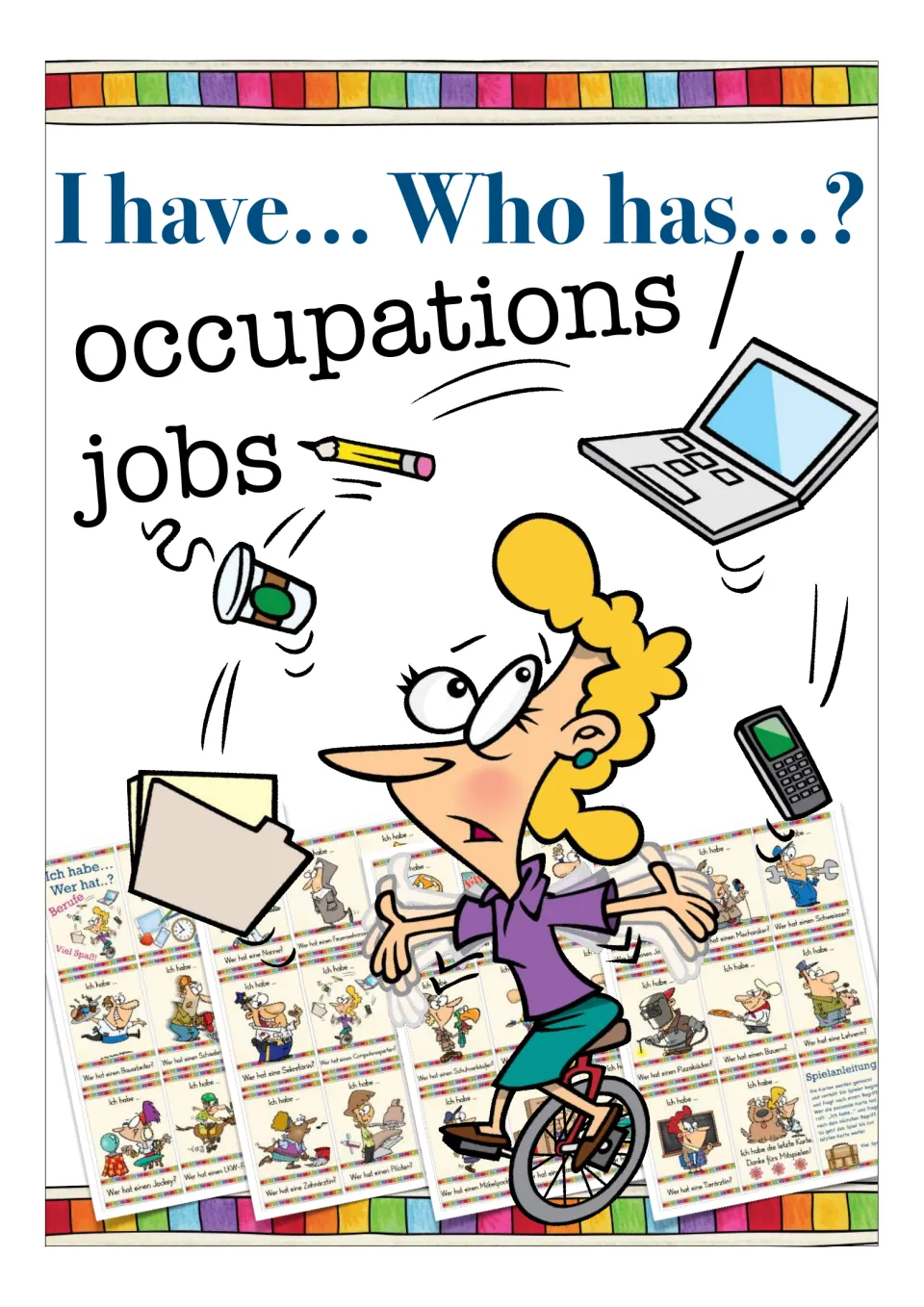 Cover of the occupations and jobs card game, headed “I have... Who has...?” with sample cards shown below