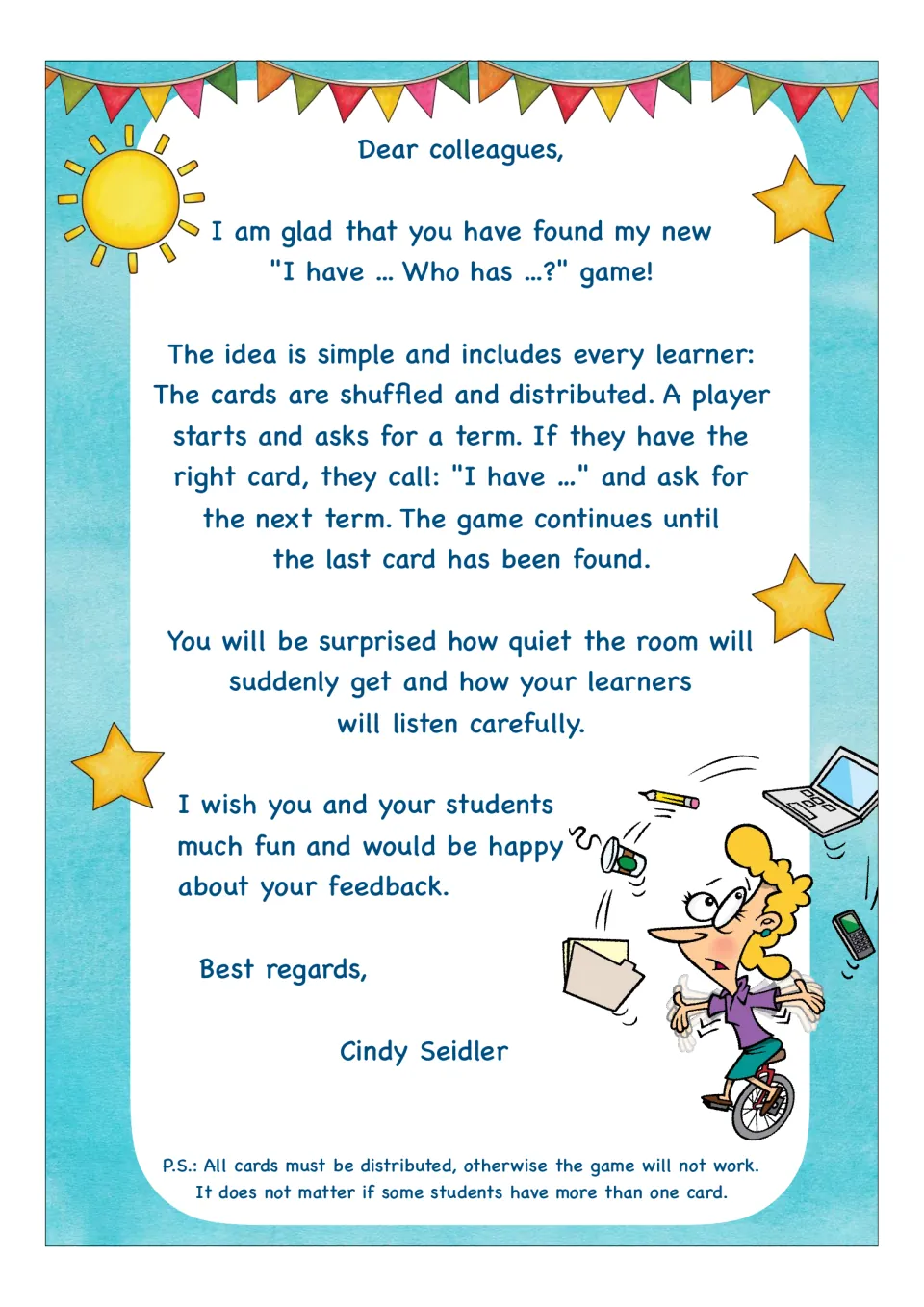 Teacher directions for the card game: shuffle, distribute all cards, and match each spoken term to continue