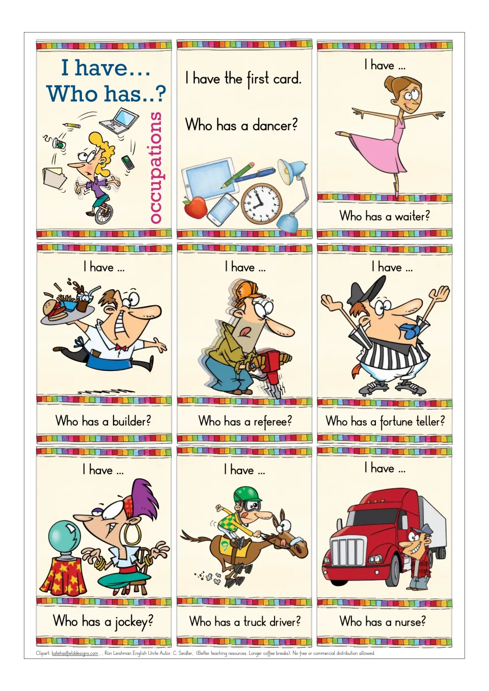 Opening game sheet: title panel, first card, and dancer, waiter, builder, referee, and three more job cards