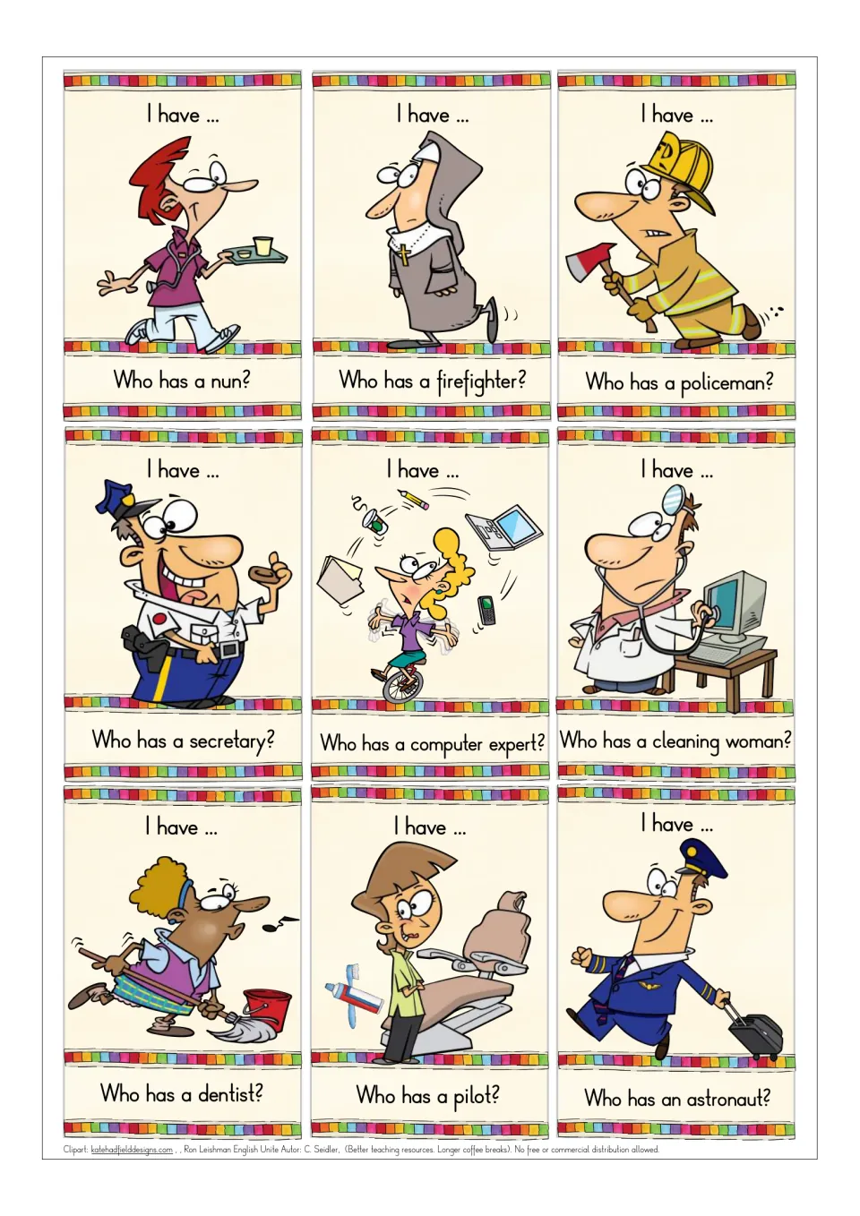 Job game cards 9–17 show a nurse, nun, firefighter, policeman, secretary, and four more occupation pictures