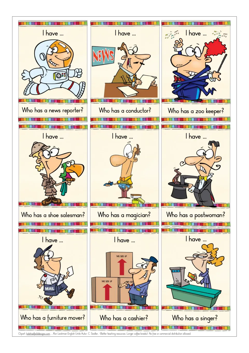Job game cards 18–26 show an astronaut, news reporter, conductor, zoo keeper, and five more occupations