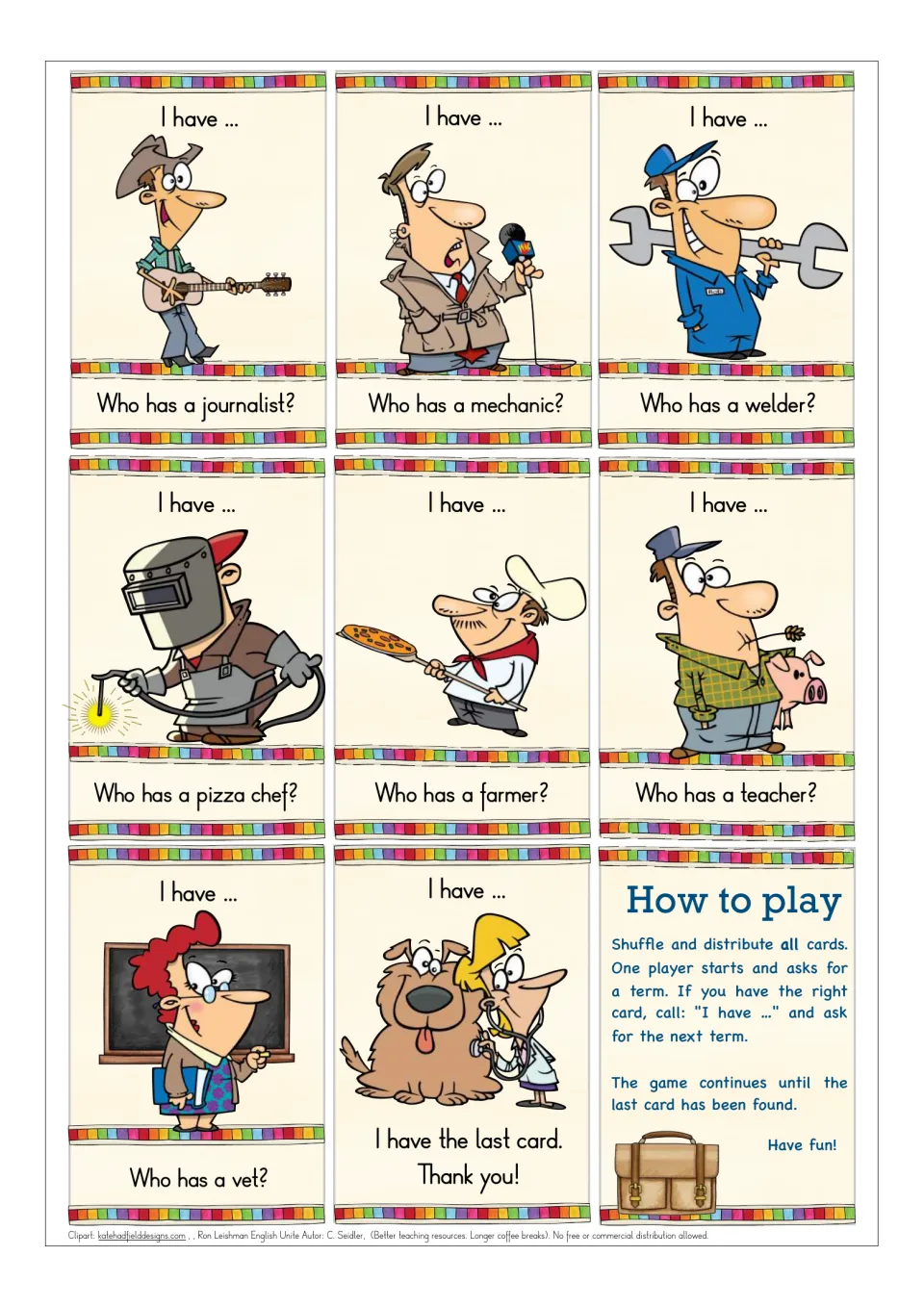 Final game sheet: singer, journalist, mechanic, welder, pizza chef, farmer, teacher, vet, and play directions