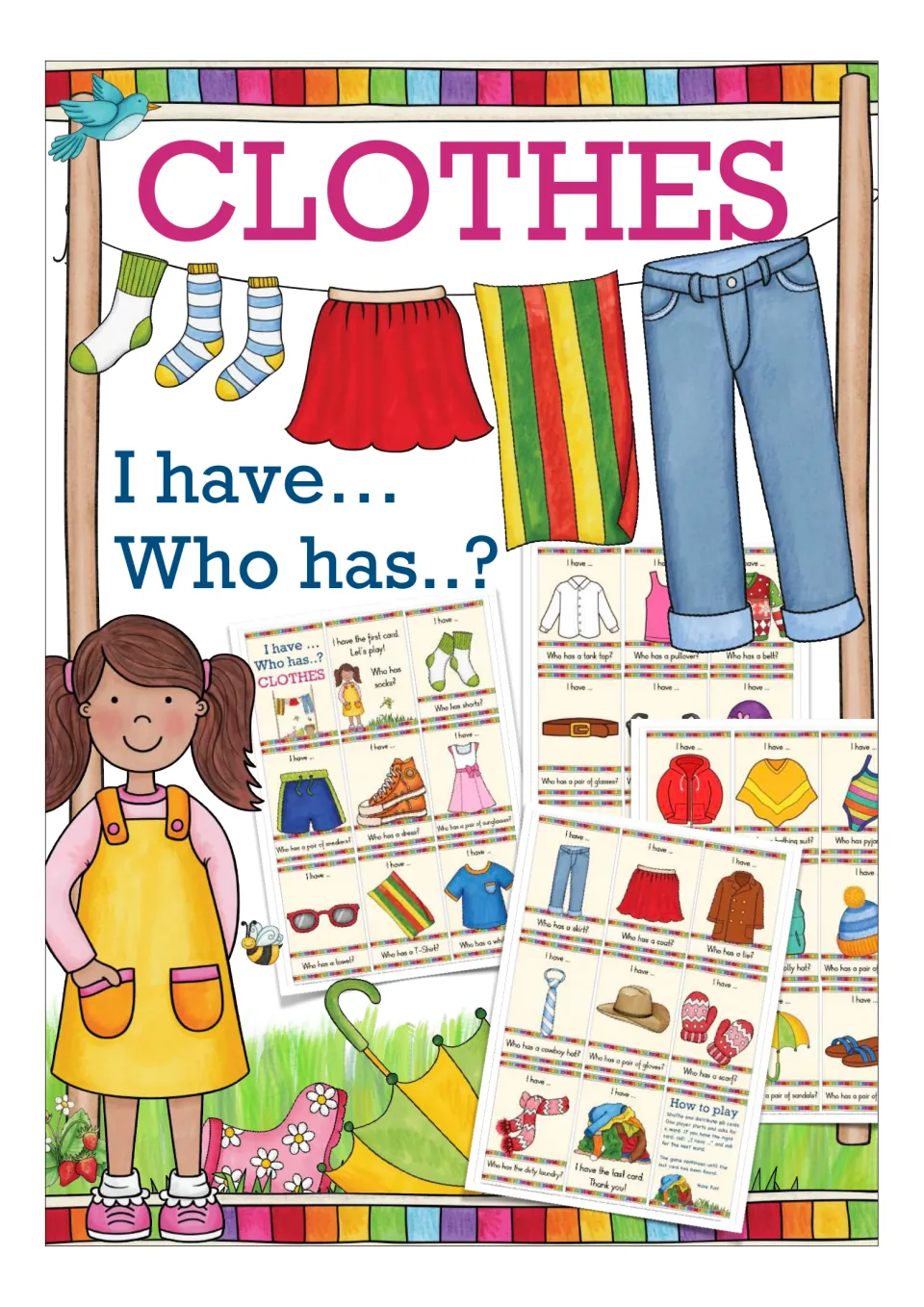 Clothes I have... Who has..? cover: socks, skirt and jeans on a clothesline over previews of the clothing cards