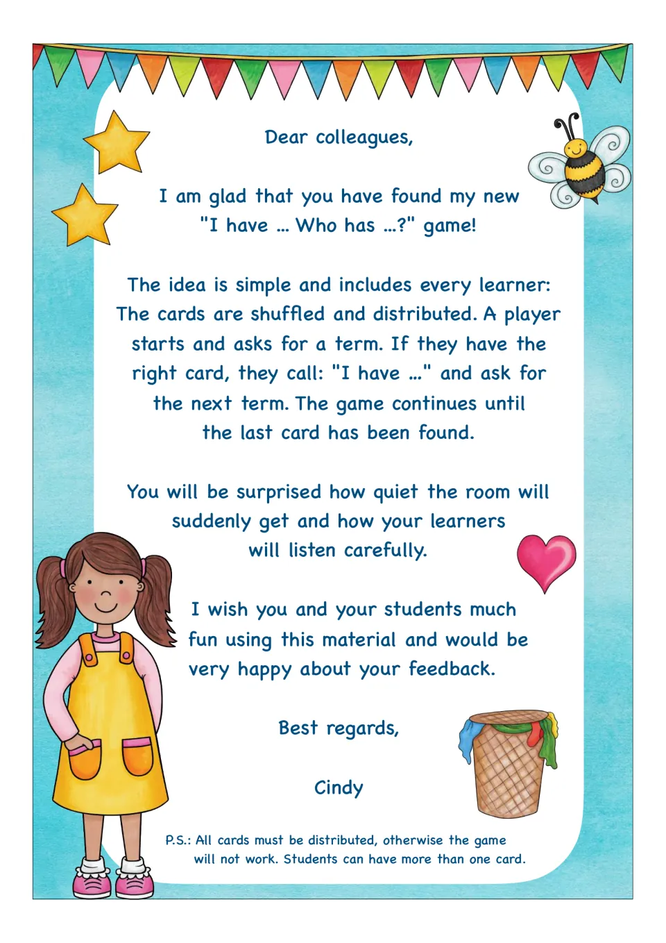 Teacher letter explaining the card game: shuffle, deal all cards, then players call 'I have' and ask for the next term