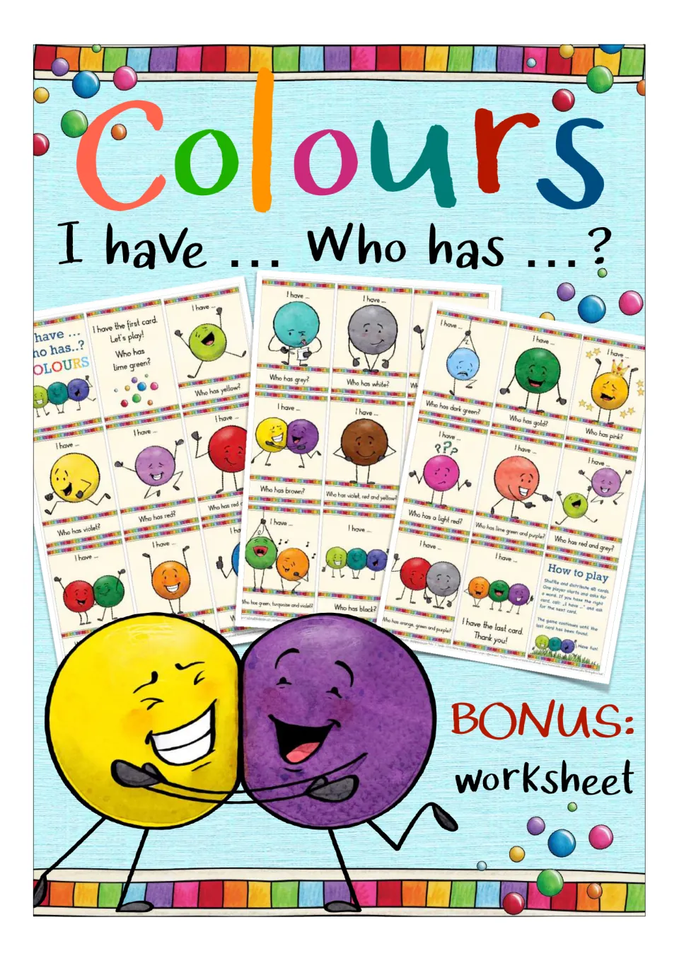 Colours cover: I have, Who has card game shown as sheets of smiling color-ball cards, plus a bonus worksheet