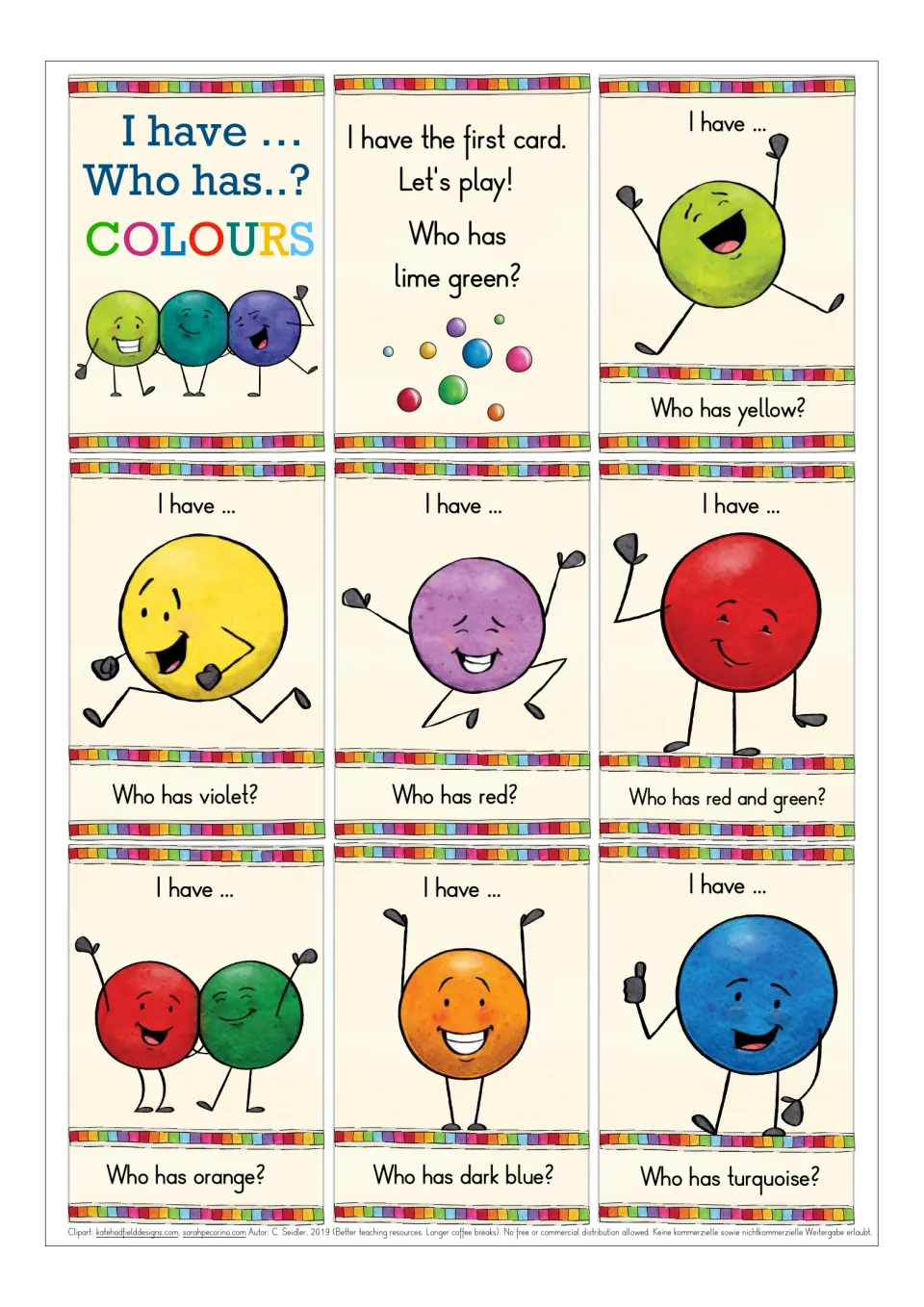Colour chain cards: a title card, a first card asking for lime green, then yellow, violet, red, red and green, orange