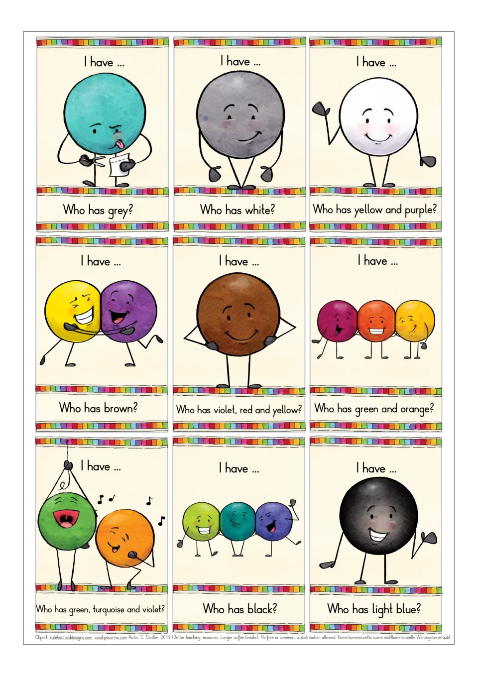 Colour cards asking for grey, white, brown, black, light blue and colour combos like yellow and purple or green and orange