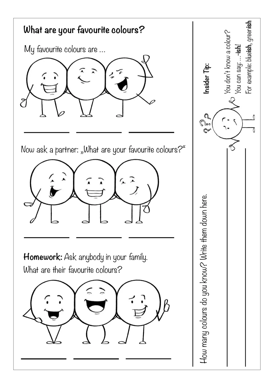 Favourite colours worksheet: students record their own, a partner's and family picks, then list every colour they know