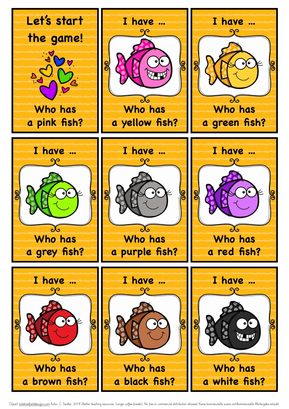 Fish colour cards: a Let's start the game! card and 8 fish cards asking Who has a pink, yellow, green... or white fish?