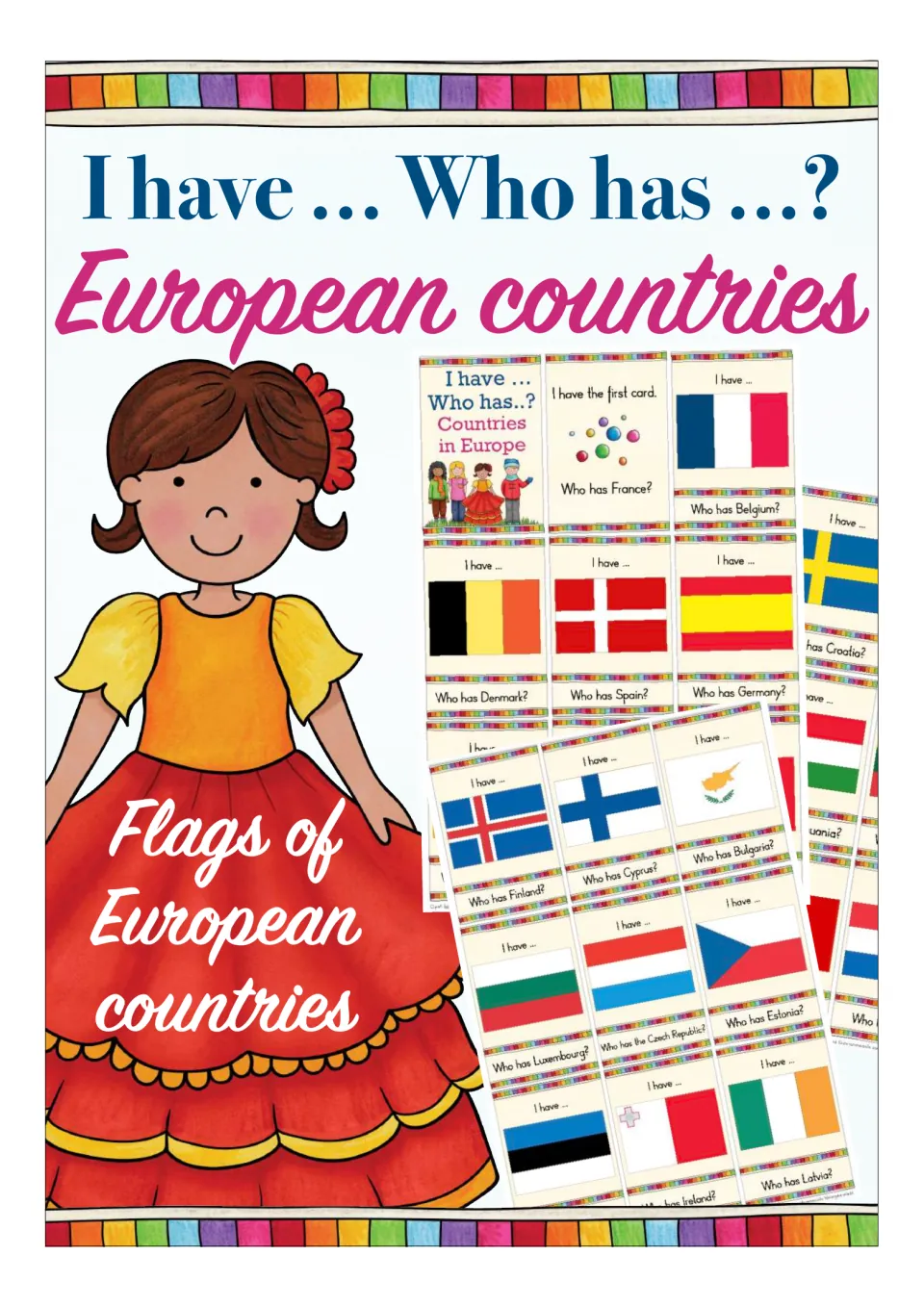 Cover: I have Who has European countries, a card game on flags of European countries, with sample flag cards shown