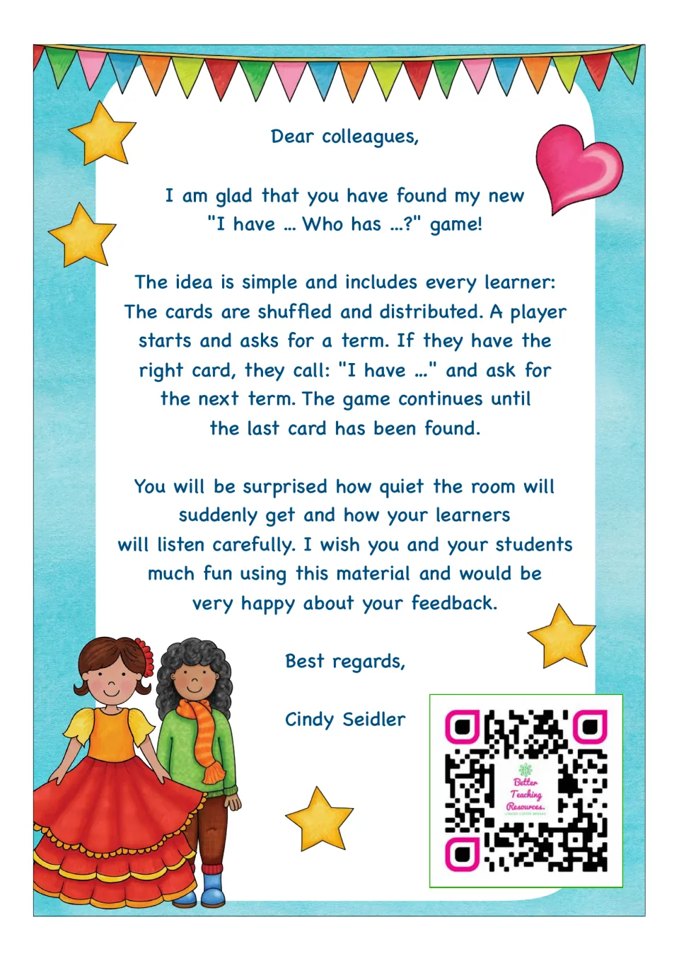 Letter to teachers explaining the card game: cards are shuffled and dealt, players call 'I have' and ask for the next term