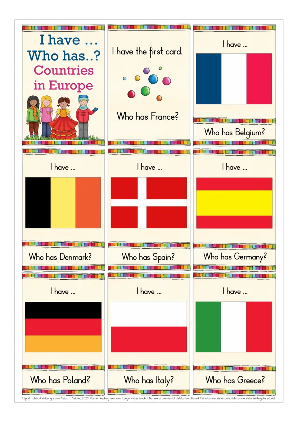 Countries in Europe chain cards: title card, a first card asking Who has France?, then flags of France through Italy