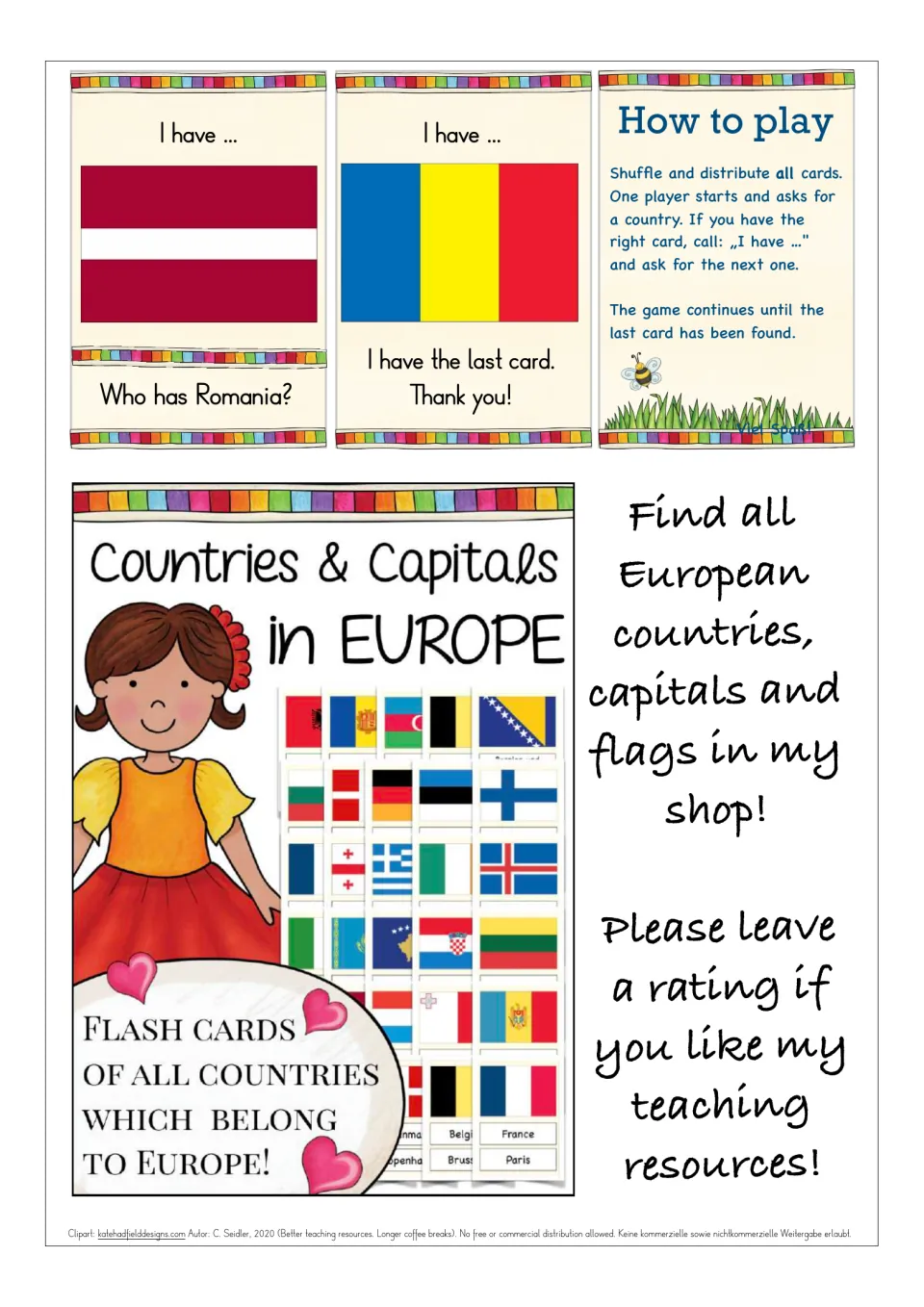 Final flag cards for Latvia and Romania, a last card saying Thank you, How to play rules and an ad for capitals cards