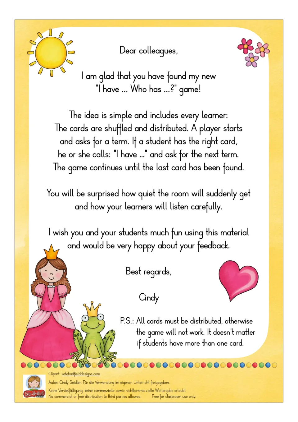 Teacher letter explaining the chain game: shuffle and deal every card, then each player answers 'I have' and asks the next