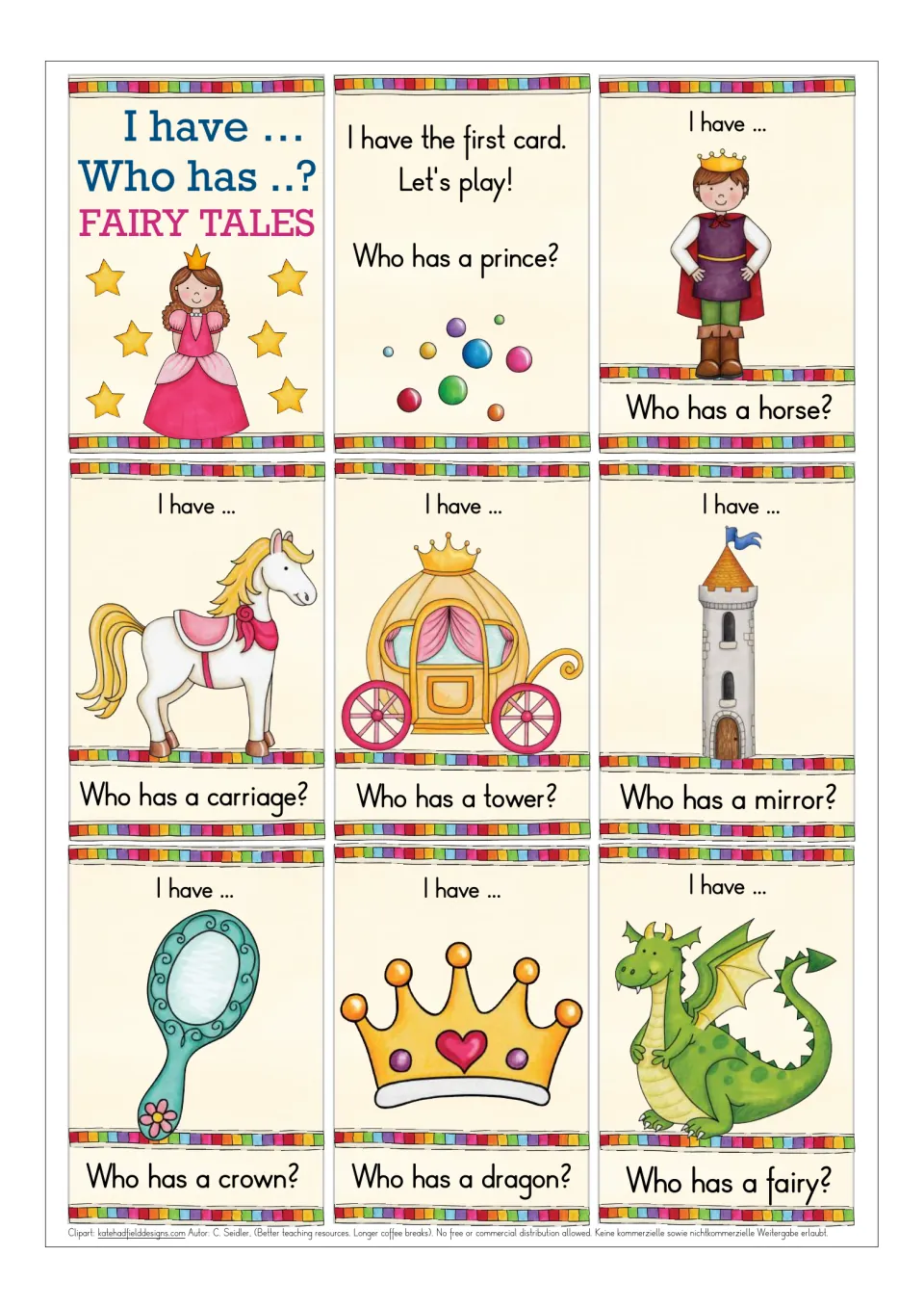 Fairy tale vocabulary cards: title card, start card asking for a prince, then pictures of prince, horse, carriage, tower