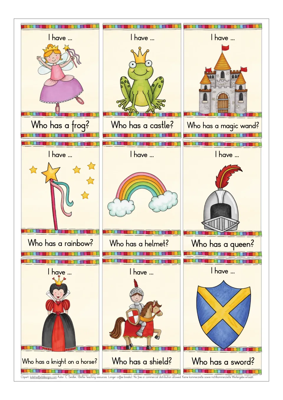 Picture cards for listening and word recognition: fairy, frog, castle, magic wand, rainbow, helmet, queen, knight and shield