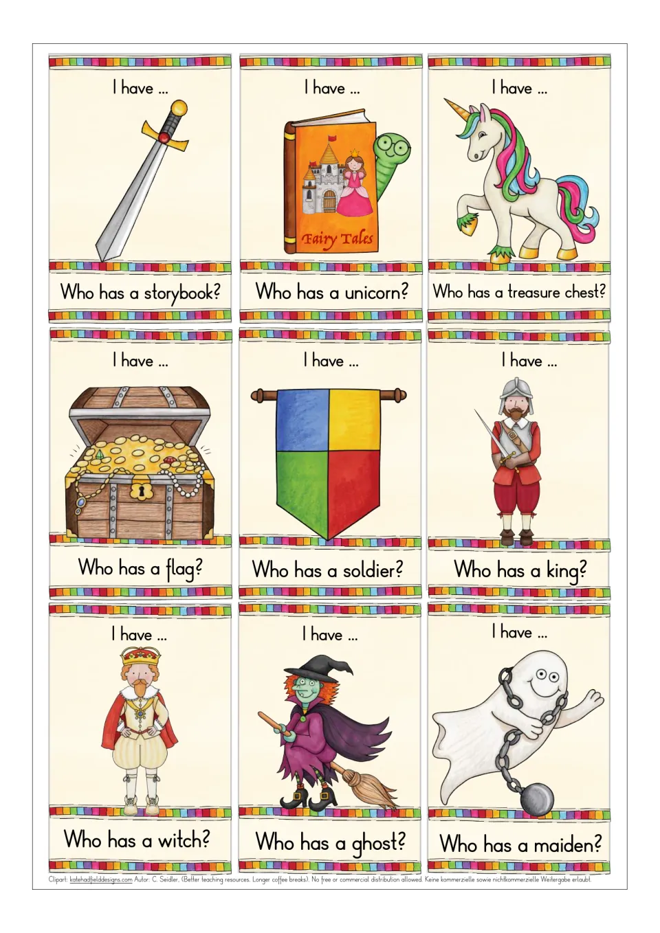 Cards picturing sword, storybook, unicorn, treasure chest, flag, soldier, king, witch and ghost, each asking for the next