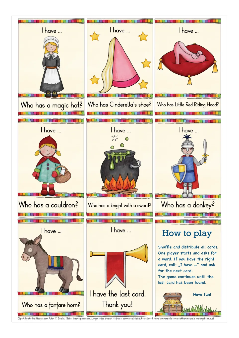 Last cards, from maiden and Cinderella's shoe to the fanfare horn and the last card, plus a How to play rules card