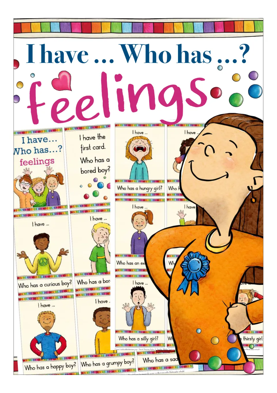 Cover of the I have... Who has...? feelings card game, showing illustrated emotion cards and a proud girl with a ribbon