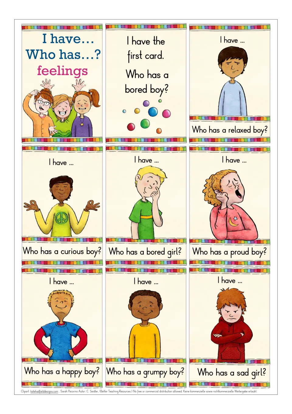 Feelings cards: students read Who has a bored boy? and answer with emotion pictures like relaxed, curious, proud and sad